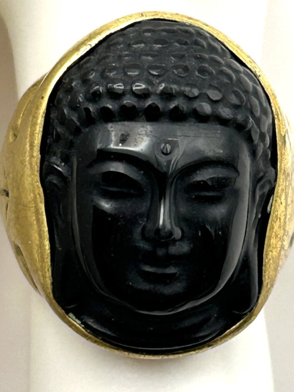 Vintage Buddha Head Statement Ring Gold Tone Carved Black Stone Size 7.25